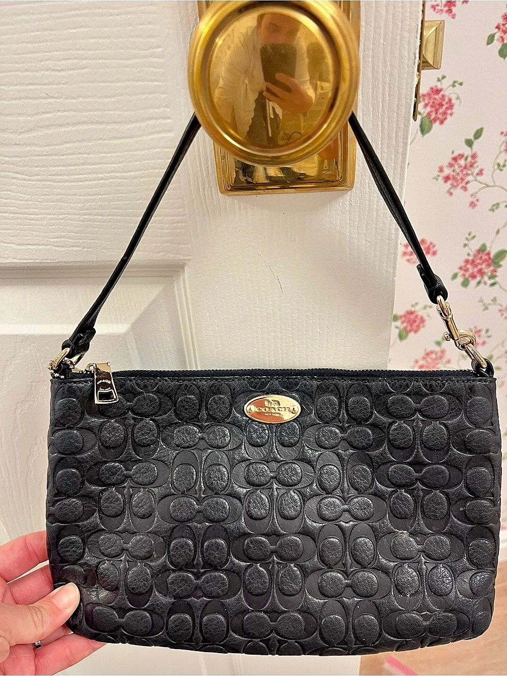 Coach Debossed Signature Patent Leather Corner Zip Wristlet